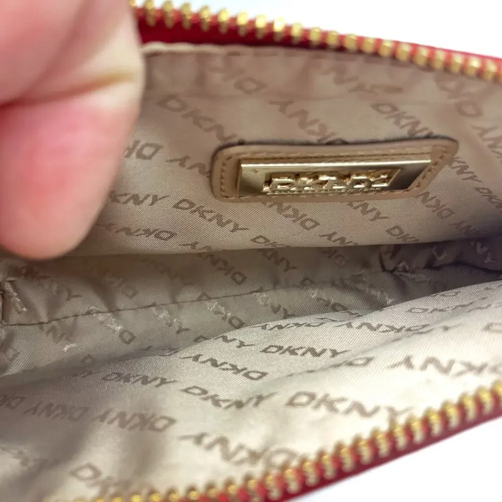 DKNY Red Saffiano Leather Studded Crossbody Clutch, Gold Hardware & Charm NWOT